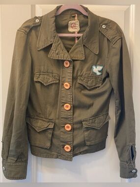 Olive Green Military Jacket with Orange Buttons